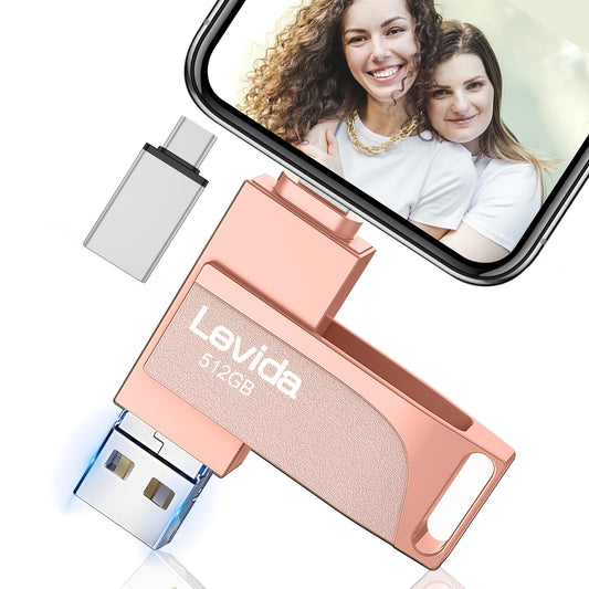 Levida 4-in-1 Photostick Speicherstick 512GB – Hellrosa. Speicherstick für geräteübergreifende Medien-Datenspeicherung.