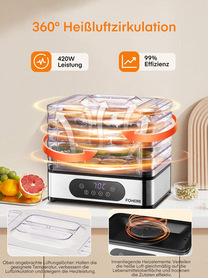 FOHERE Dörrautomat Edelstahl – 5 höhenverstellbare Tabletts