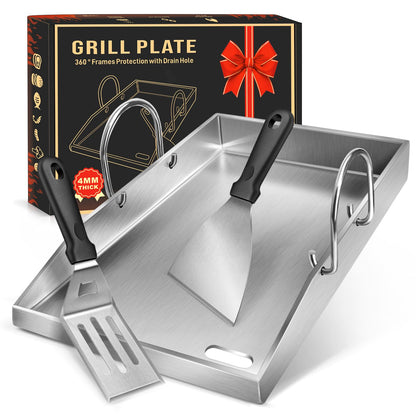ColCospie Plancha Grillplatte Edelstahl 40 x 30 cm mit 2 Grillspateln und abnehmbaren Griffen