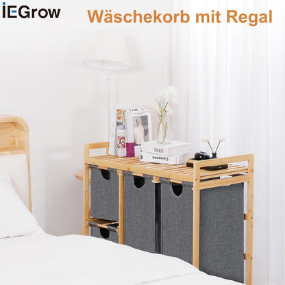 iEGrow Wäschewagen 4 Fächer 150L Grau – Bambus Ablage