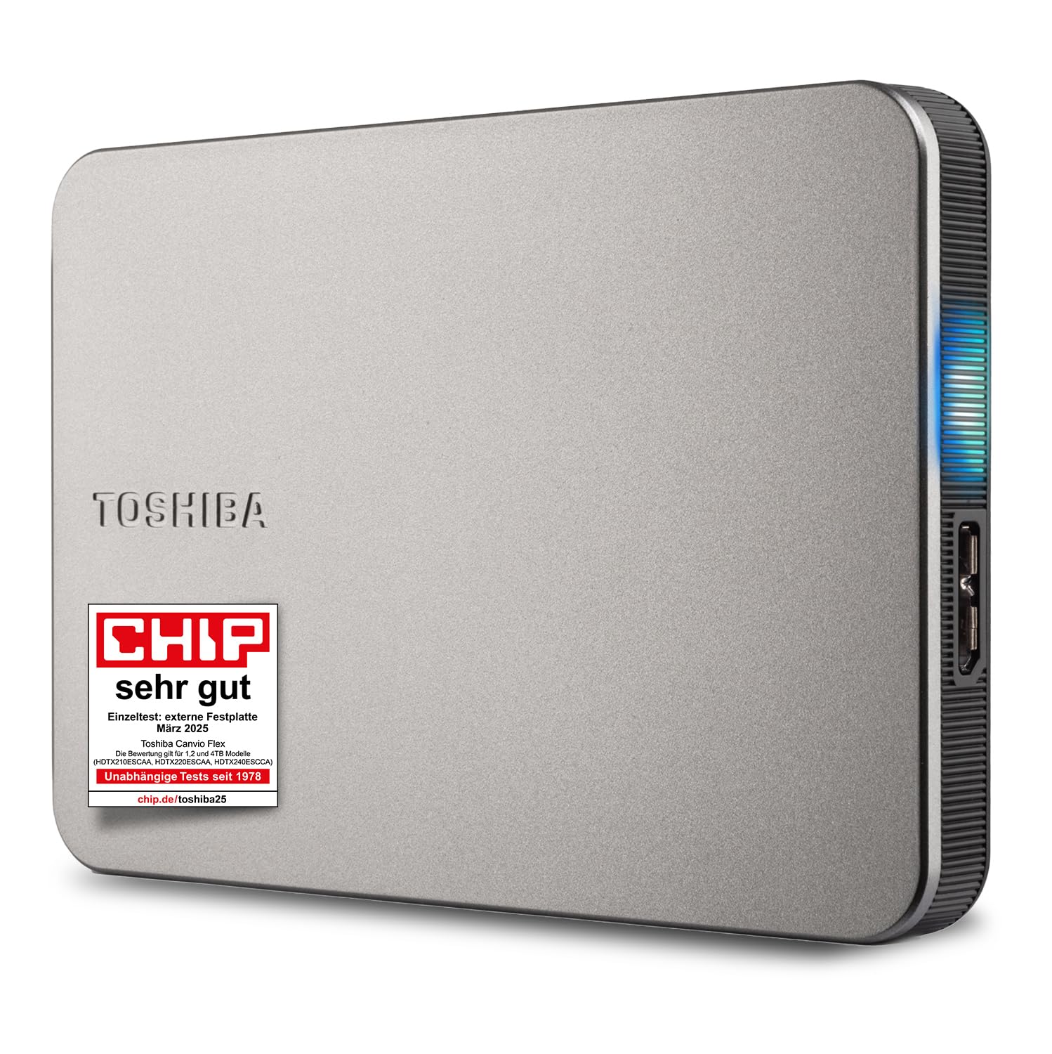 Toshiba Canvio Flex Externe Festplatte 1 TB - HDTX210ESCAA. Kompaktes, silbernes Rechteckgehäuse zur flexiblen Datenspeicherung und Sicherung.