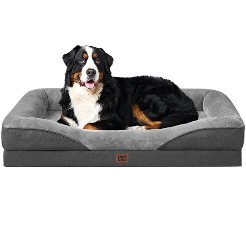 EHEYCIGA Orthopädisches Hundebett für grosse Hunde, Memory Foam, Grau – Hundesofa mit vier Rändern und Fleece-Liegefläche