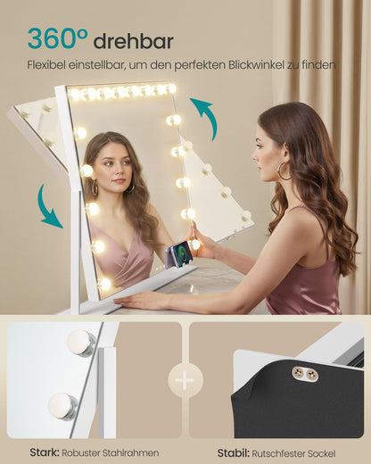 SONGMICS Schminkspiegel mit Beleuchtung, 18 LED, 80 x 60 cm, weiss