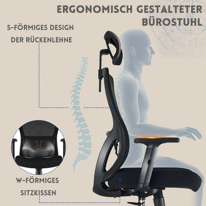 Durrafy Ergonomischer Bürostuhl Drehstuhl mit Kopfstütze - Schwarz
