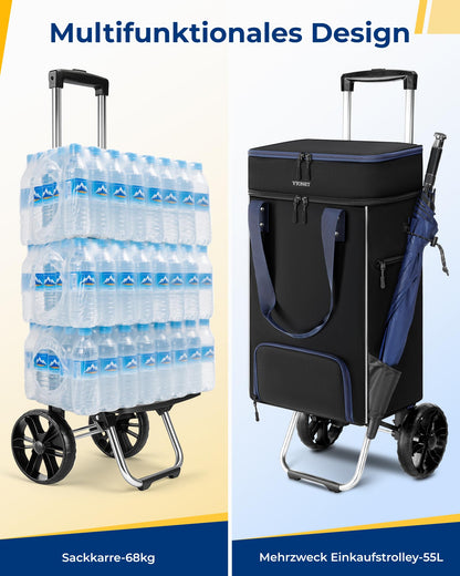 Ytonet Einkaufstrolley klappbar mit Kühlfach, 3-in-1, 55 L, schwarz