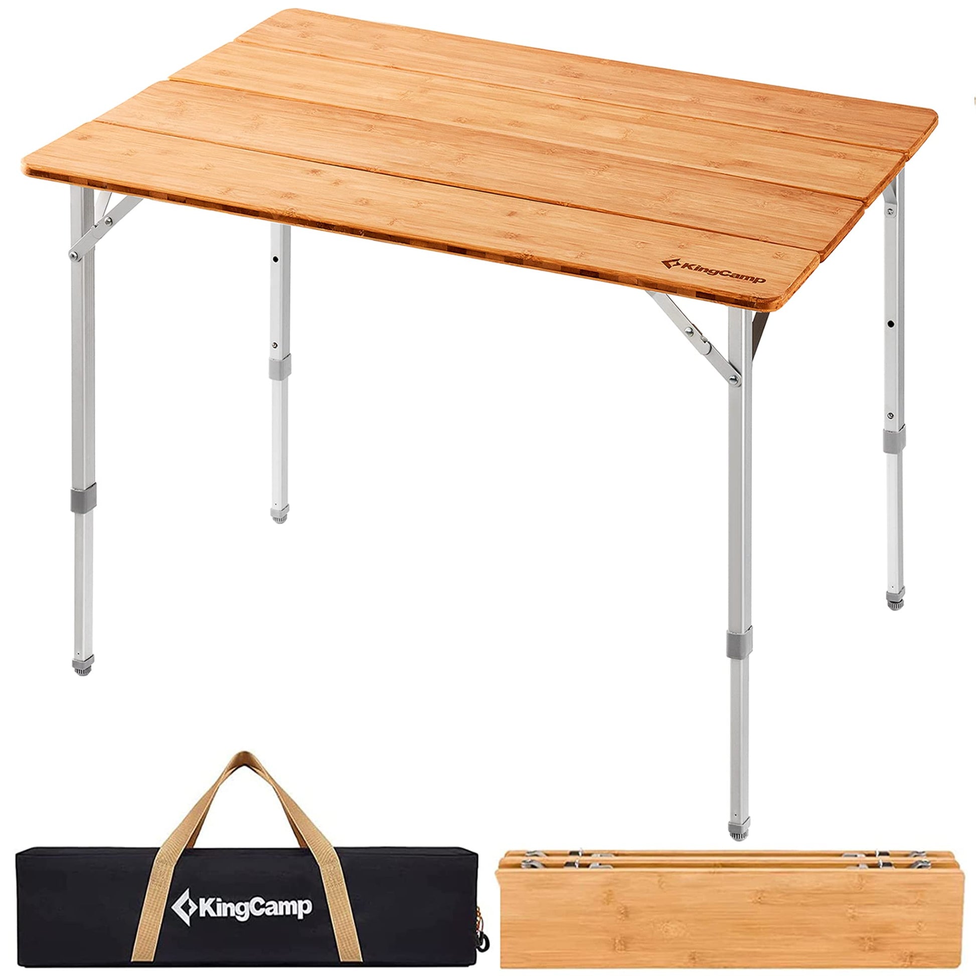 KingCamp Campingtisch Bambus Klapptisch höhenverstellbar – 100x65cm. Ungefaltet, für flexible Outdoor-Ablage.
