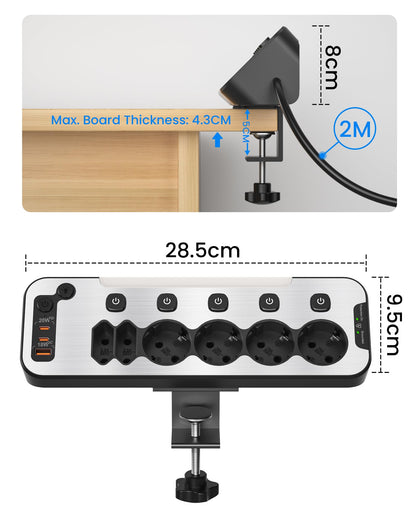HoniHom Tischsteckdose 6-fach mit USB-C PD 20W, einzeln schaltbar