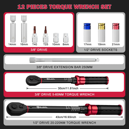 ALAIAL 12-tlg. Drehmomentschlüsselset - 1/2" & 3/8", 20-220Nm, 5-60Nm