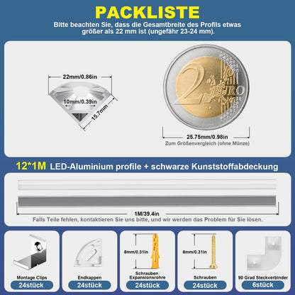 Molfanco LED-Aluminiumprofil V-Form silber, 12 × 1 m, mit Abdeckung