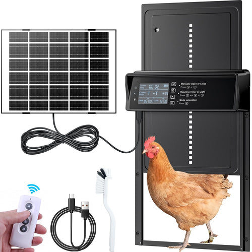 Aluminium Automatische Hühnerklappe – Solarbetrieben, wasserdicht. Aluminiumklappe öffnet/schließt solarbetrieben den Hühnerstall.