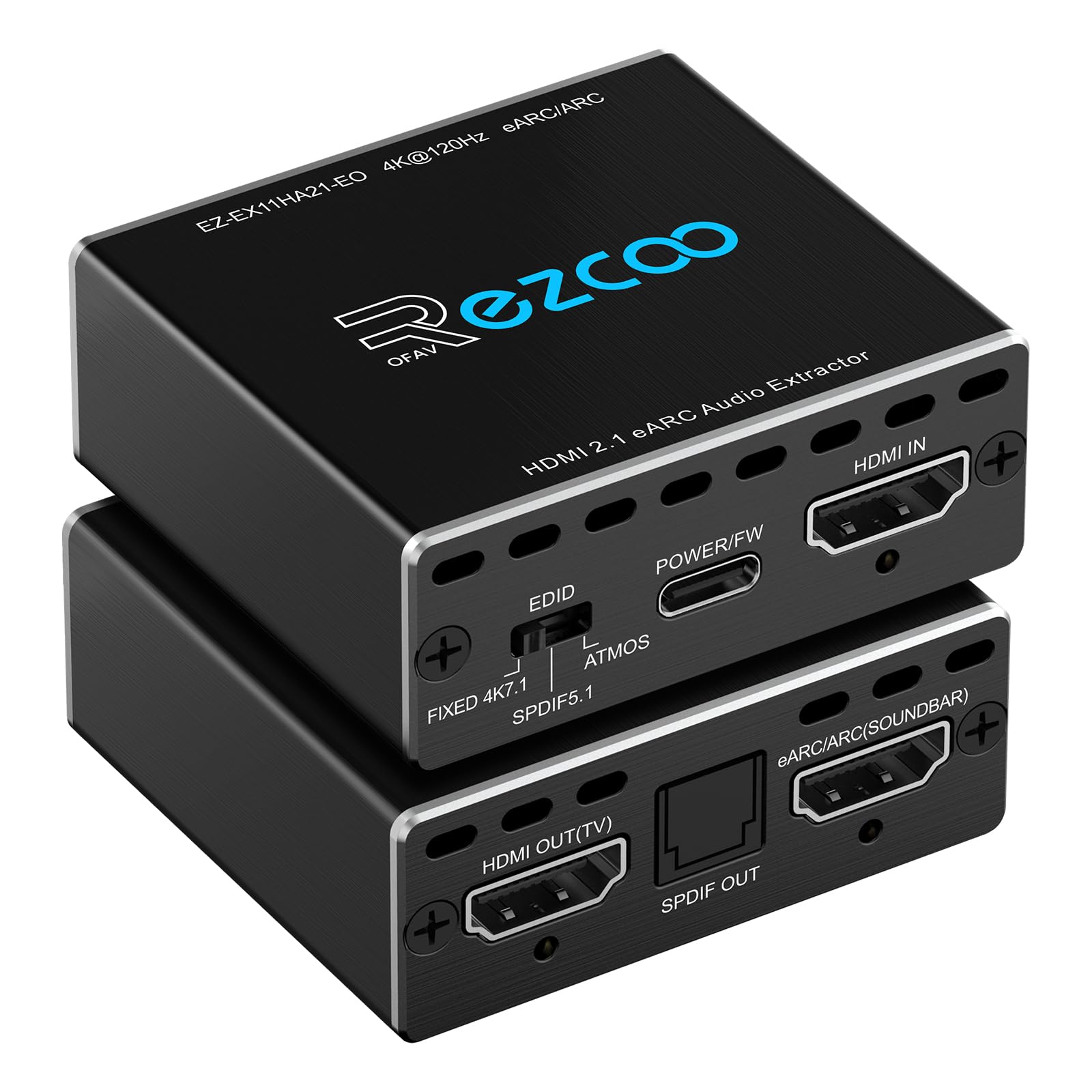 ROFAVEZCO HDMI 2.1 eARC Audio Extractor - 4K 120Hz Dolby Atmos. Schwarzes Gerät. Trennt HDMI Audio (eARC) für Soundbars.