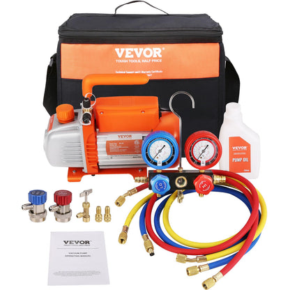 VEVOR Vakuumpumpe 4 CFM mit Verteiler-Manometer-Set für Klimaanlagen, dreifarbiger Schlauch und ergonomischer Griff