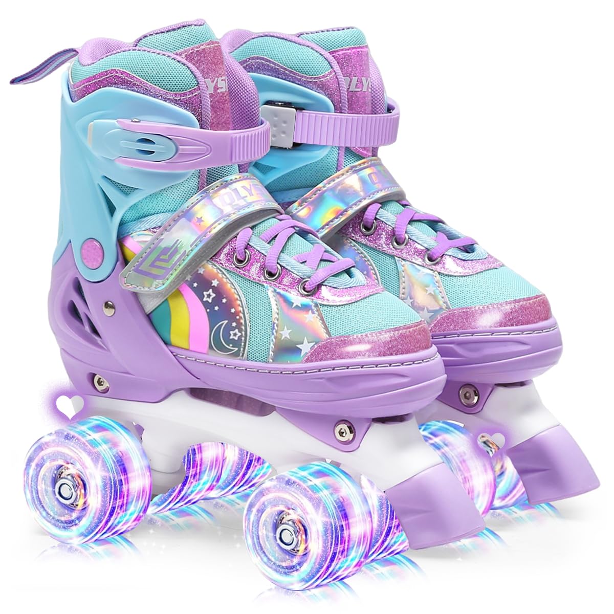 OLYSPM Rollschuhe Kinder verstellbar mit LED-Leuchträdern, Lila – Stern-Regenbogen-Design mit acht leuchtenden Rollen