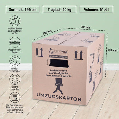 GreatVita Umzugskartons 20 Stück, 2-wellig, 600 x 330 x 350 mm