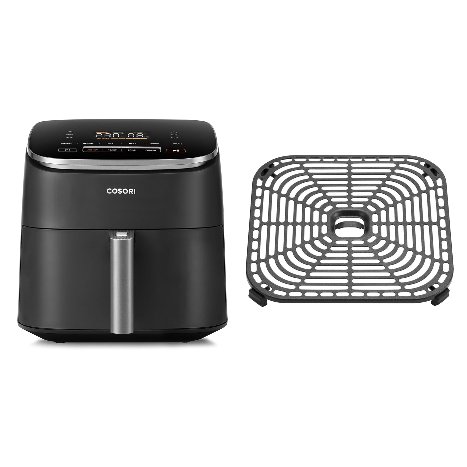 Cosori Turboblaze Heissluftfritteuse Airfryer 6L mit Backblech. Schwarzes, rechteckiges Gerät zum Heissluft-Frittieren, Backen und Braten von Lebensmitteln.