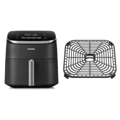 Cosori Turboblaze Heissluftfritteuse Airfryer 6L mit Backblech. Schwarzes, rechteckiges Gerät zum Heissluft-Frittieren, Backen und Braten von Lebensmitteln.
