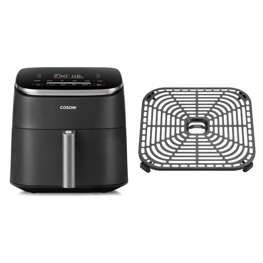Cosori Turboblaze Heissluftfritteuse Airfryer 6L mit Backblech. Schwarzes, rechteckiges Gerät zum Heissluft-Frittieren, Backen und Braten von Lebensmitteln.