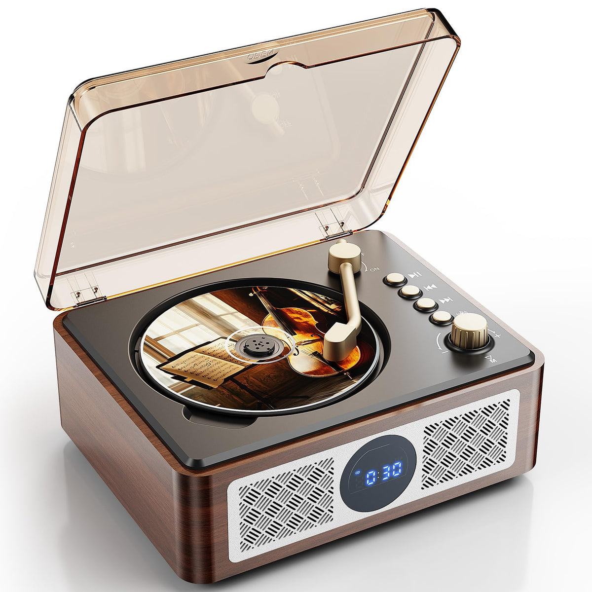 Lehwey Retro CD-Player mit Bluetooth, UKW-Radio und Lautsprecher, Holzdekor und Tonarm