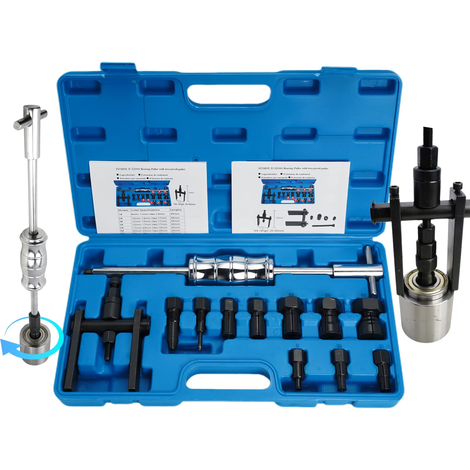 XSTARYE Innenlager Abzieher Set mit Gleithammer, 8 Spannzangen 8–32 mm aus Stahl