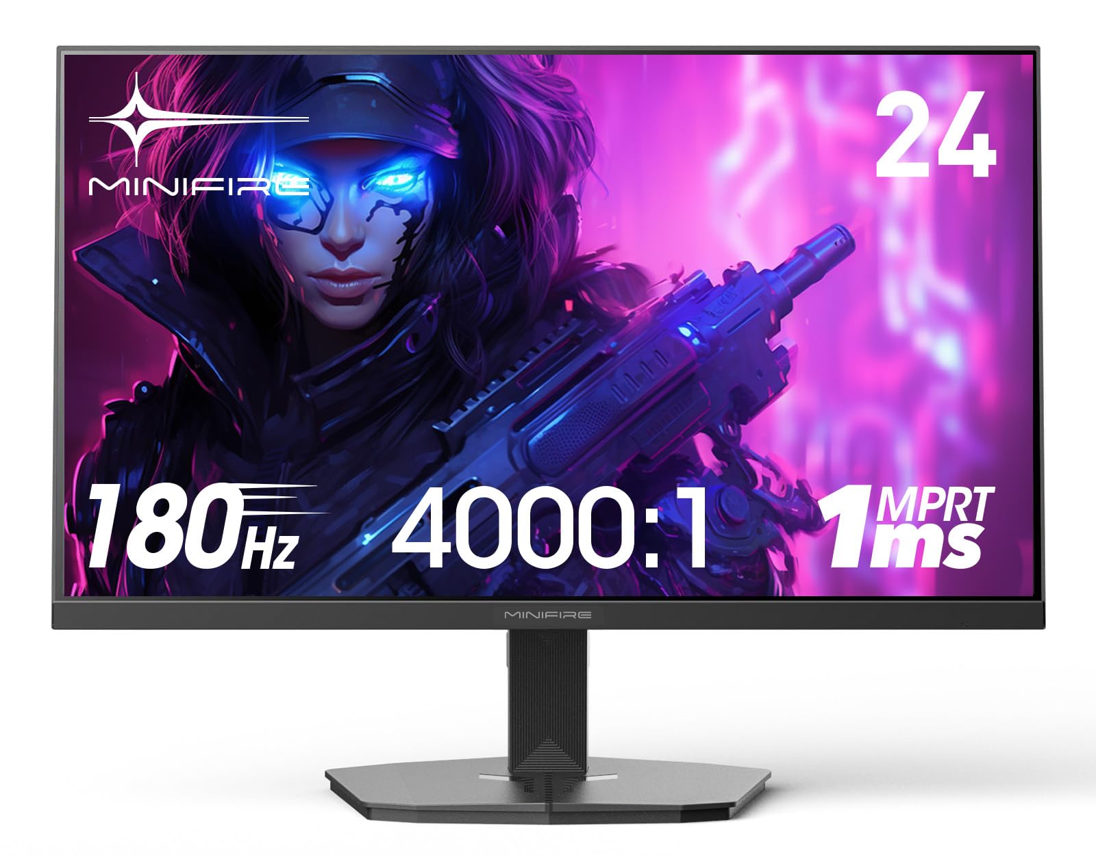 Minifire MFG24F4 Gaming Monitor - 24 Zoll 1080p 180Hz 1ms. Schwarzer, rechteckiger Bildschirm für schnelles, reaktionsstarkes Gaming.