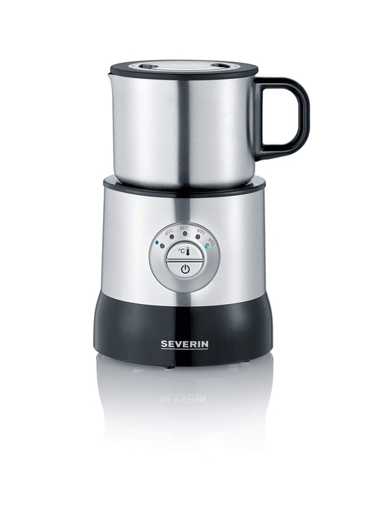 SEVERIN SM 3583 Induktions-Milchaufschäumer. Zylinderförmiges Gerät in Edelstahloptik. Erwärmt und schäumt Milch durch Induktion zum Zubereiten von Kaffeespezialitäten.
