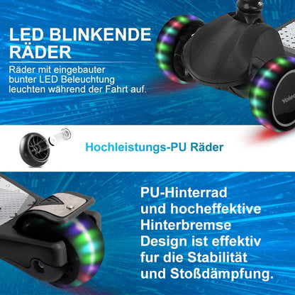 YOLEO Kinderroller Dreiradscooter mit leuchtenden Rädern, schwarz