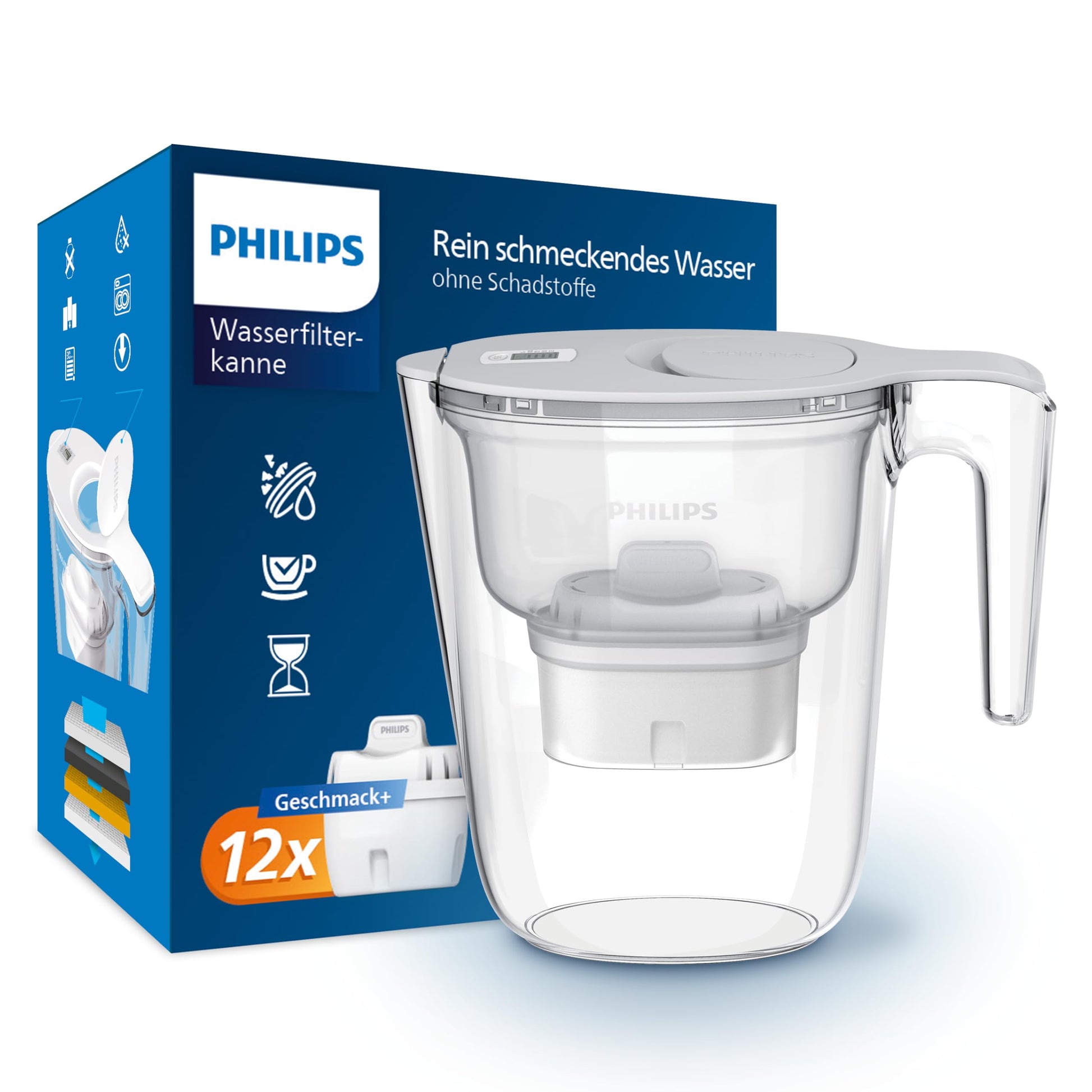 Philips Water Wasserfilterkanne Geschmack+ 2,6 L mit 12 Filtern, weiss