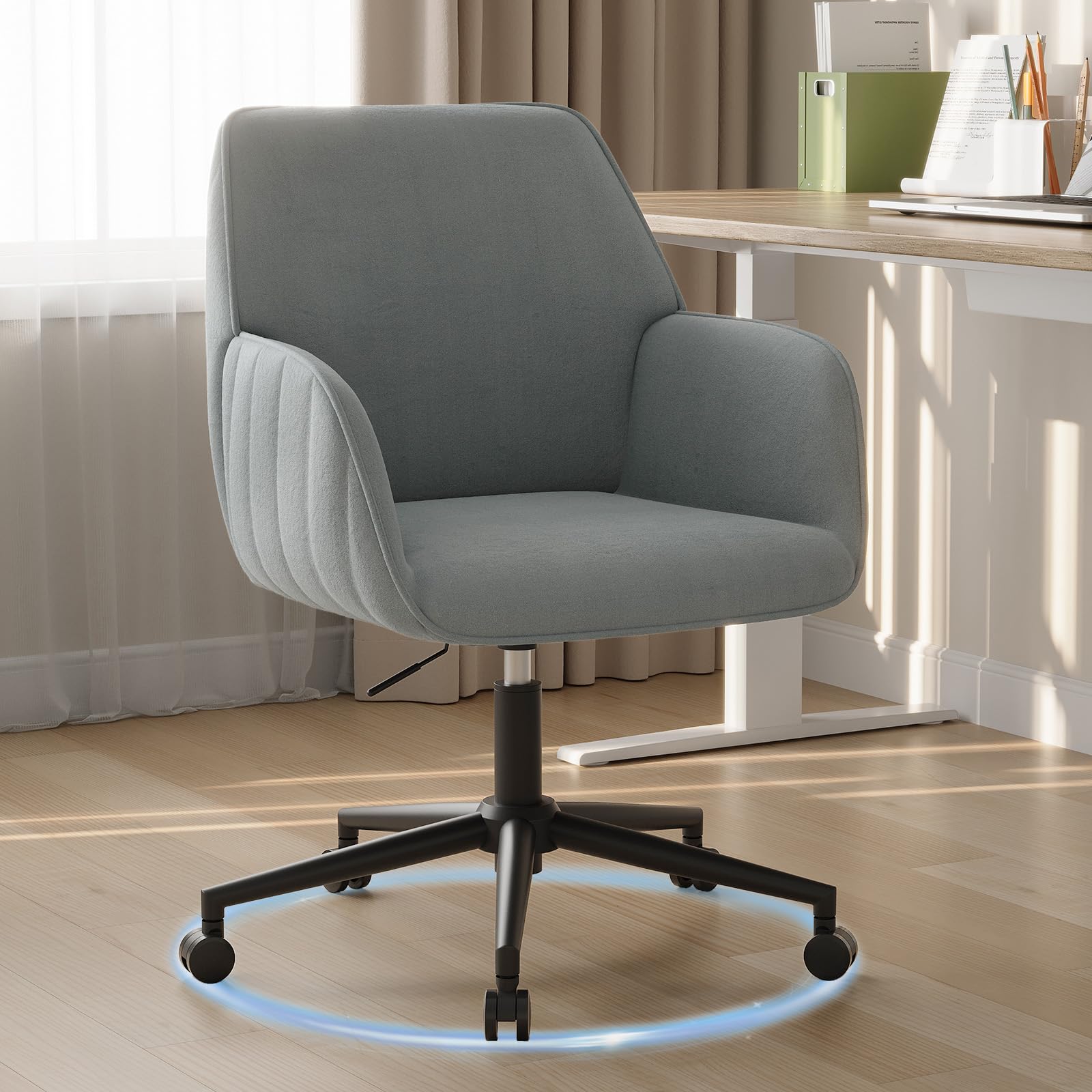BERYTH Bürostuhl Samt grau, ergonomischer Drehstuhl mit Armlehnen – höhenverstellbar und mit fünf Rollen