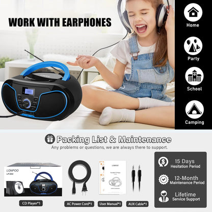 LONPOO LP-D02 CD-Player Boombox mit Bluetooth, UKW-Radio und USB