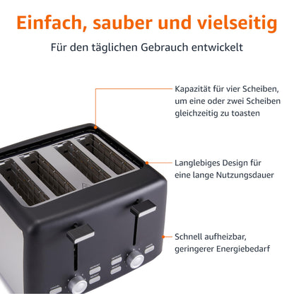 Amazon Basics 4-Scheiben Toaster, 1500 W, 7 Bräunungsstufen, Schwarz
