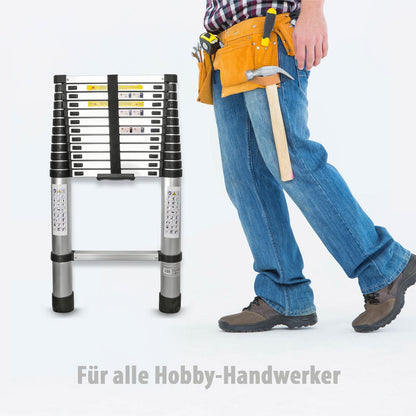 Eaxus Teleskopleiter 3.8m Mehrzweckleiter Alu 13 Stufen Silber
