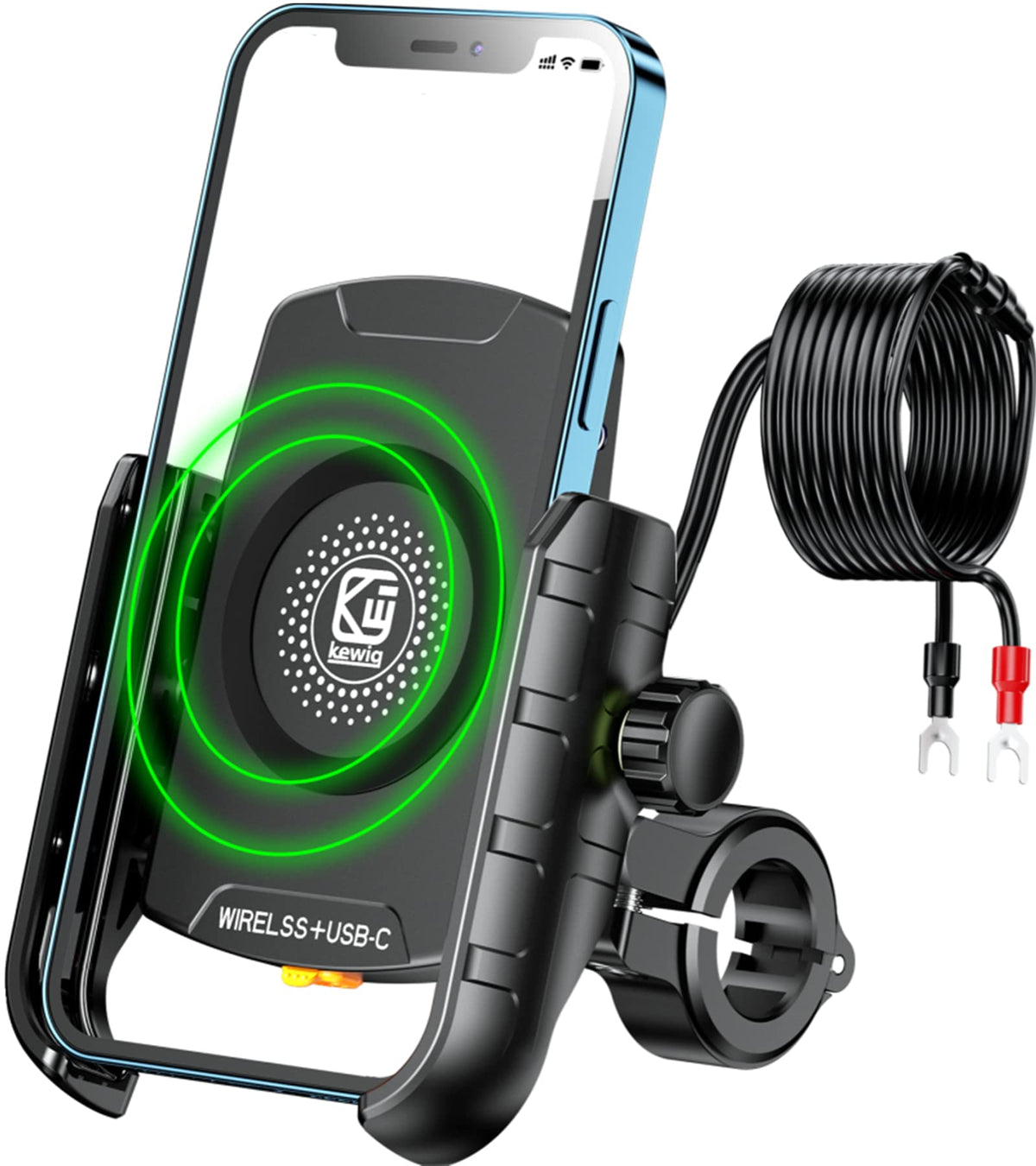 BRCOVAN M9S Motorrad-Handyhalterung mit Qi 15W Ladegerät, USB-C, 360 Grad drehbare Lenkerhalterung