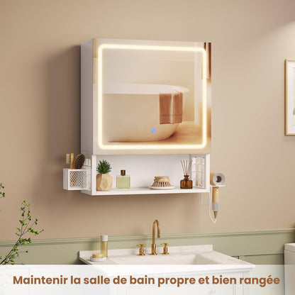 FORABAMB Spiegelschrank mit LED-Beleuchtung, 50 x 16 x 60 cm, weiss