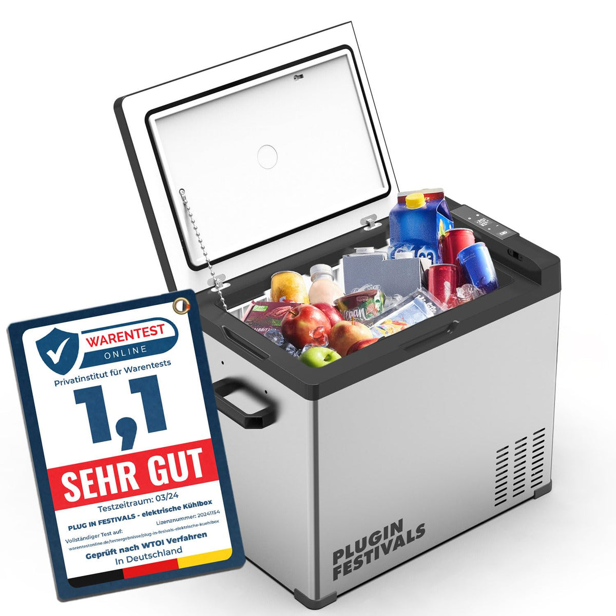 PLUG IN FESTIVALS Kompressor Kühlbox 50 Liter bis -20 °C 12V/230V mit Metallgehäuse zum Kühlen und Gefrieren