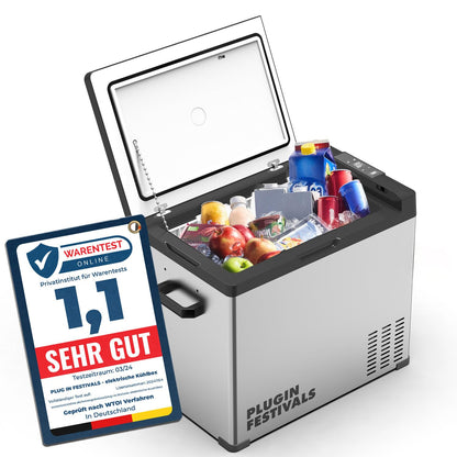 PLUG IN FESTIVALS Kompressor Kühlbox 50 Liter bis -20 °C 12V/230V mit Metallgehäuse zum Kühlen und Gefrieren