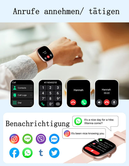 HUAKUA D3 Smartwatch Damen mit Telefonfunktion, 1.85 Zoll, IP68