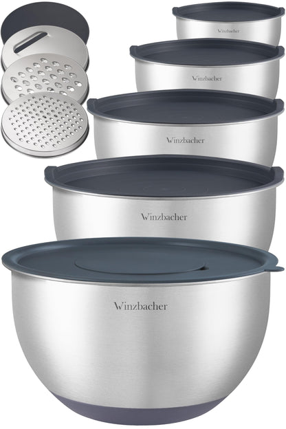 Winzbacher Edelstahl Schüssel Set mit Deckel, 5-teilig, inkl. Reibe, stapelbar mit Silikonboden