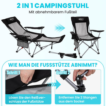 WEJOY 2-in-1 Campingstuhl mit Fussstuetze Faltbar Schwarz/Grau