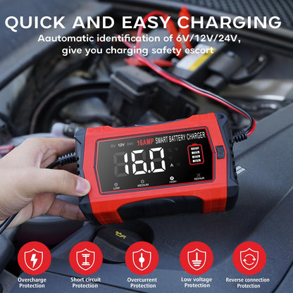 HTRC 16A Autobatterie Ladegerät 6V/12V/24V für Auto, Motorrad, Boot