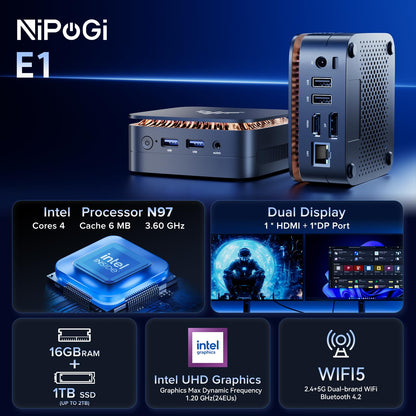 NiPoGi Essenx E1 Mini PC - Intel N97, 16GB, 1TB SSD, Win 11 Pro