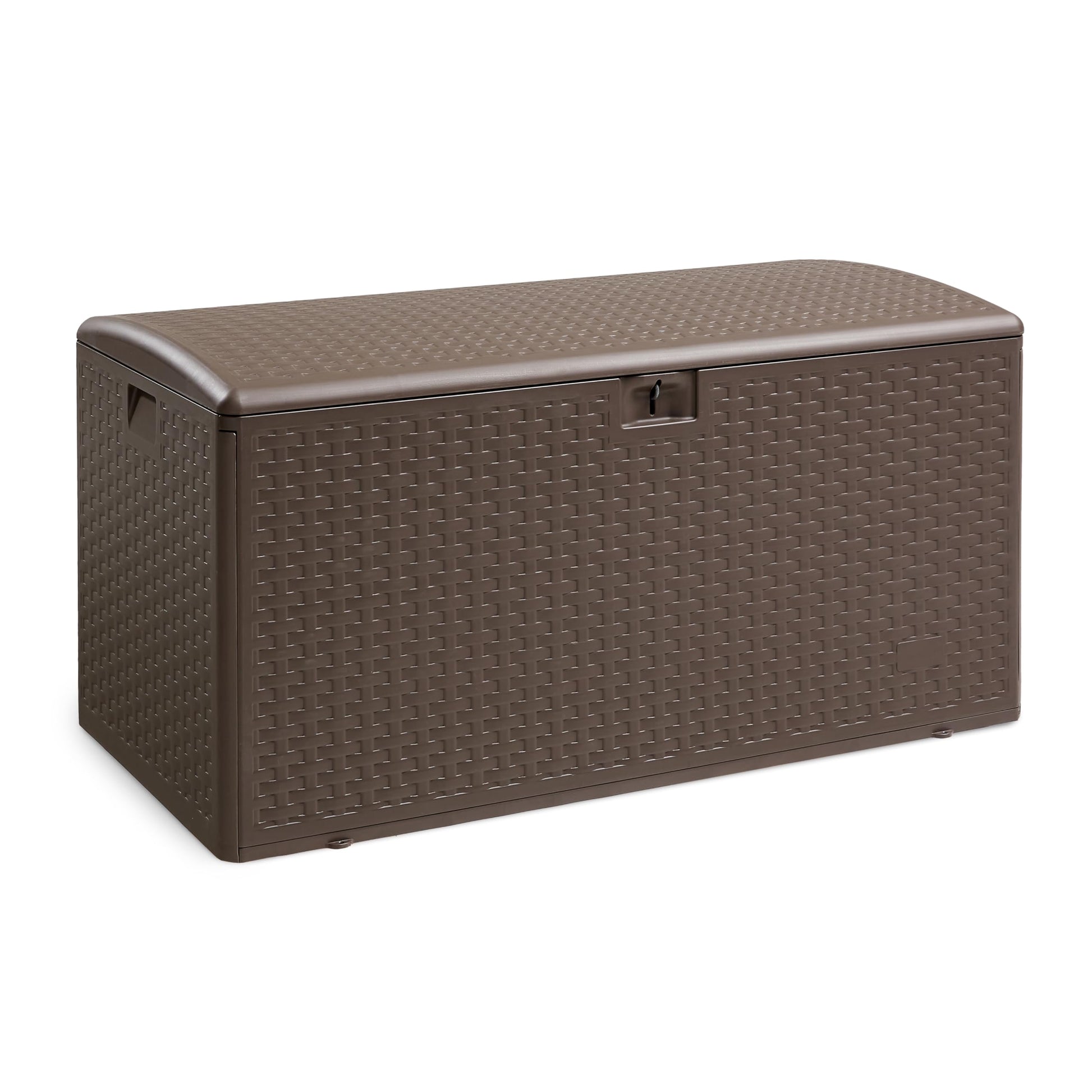 Amazon Basics Deckbox DB99 Aufbewahrungsbox Terrasse 375 l braun, Harz mit Flechtmuster zur Aufbewahrung im Aussenbereich