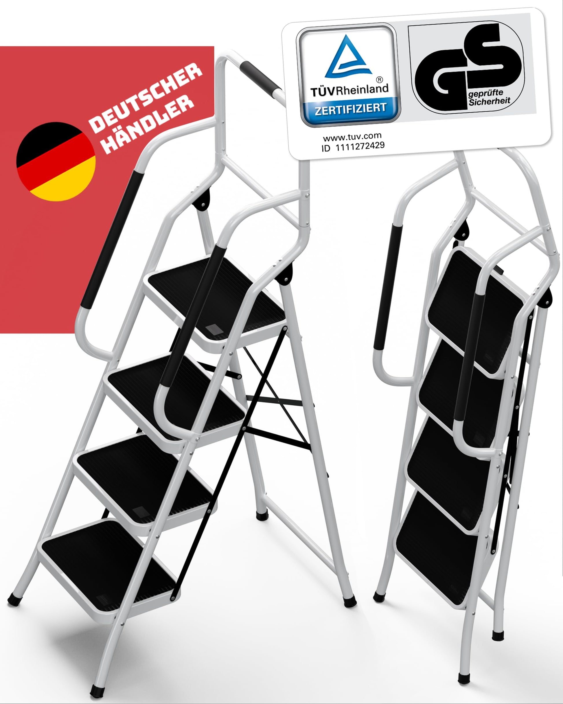 Sicherheitsleiter Klappbar mit Handlauf 4 Stufen weiss. Weisse, klappbare Trittleiter mit 4 rutschfesten Stufen für sicheren Aufstieg.