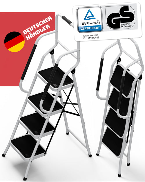 Sicherheitsleiter Klappbar mit Handlauf 4 Stufen weiss