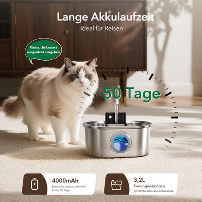 PEKTACO Katzenbrunnen Edelstahl, kabelloser Trinkbrunnen mit Akku