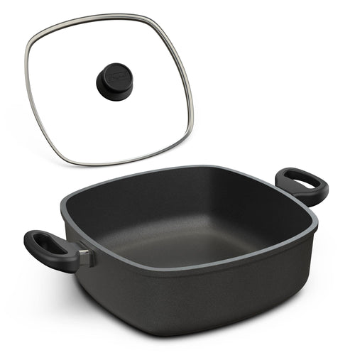Hoffmann Schmorkasserolle Viereck - Induktion 28x28 cm Glasdeckel. Viereckige Kasserolle mit Glasdeckel zum Schmoren auf Induktionsherden.