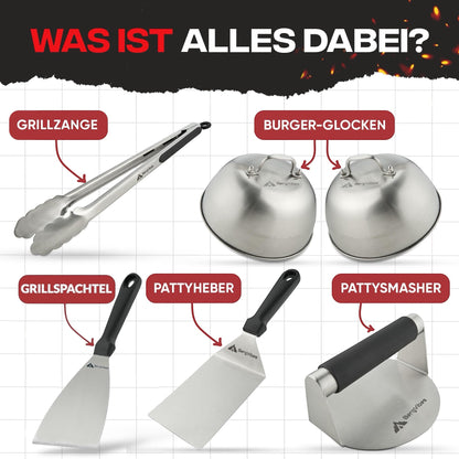 BergVibes Smash Burger Set aus Edelstahl, 6-teilig mit Burgerglocken