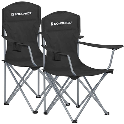 SONGMICS Campingstuhl 2er Set, klappbarer Angelstuhl, 150 kg, schwarz, mit Armlehnen und Getränkehalter