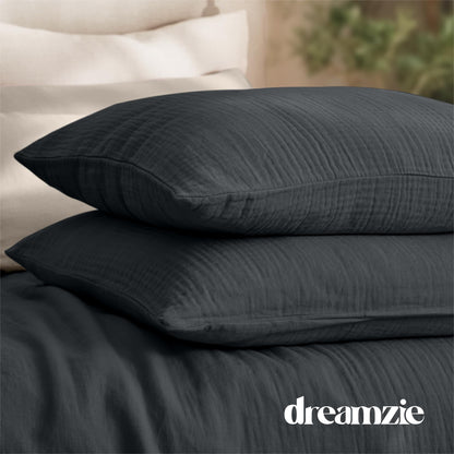 Dreamzie Musselin Bettwäsche 2er-Set 135x200 cm Dunkelgrau