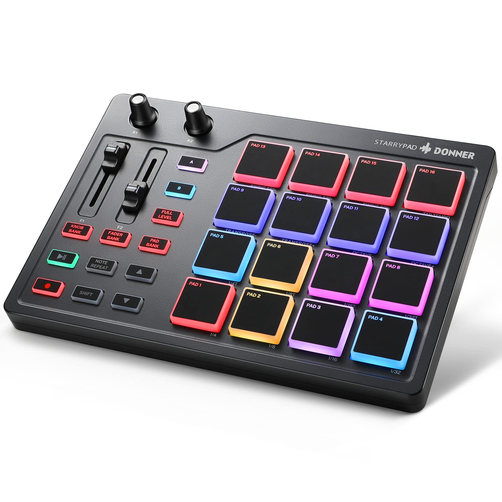Donner STARRYPAD MINI USB-C MIDI Pad Controller – Schwarz. Kompaktes, rechteckiges MIDI-Pad, zur Steuerung von Software und Hardware via USB-C.