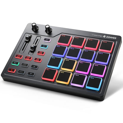 Donner STARRYPAD MINI USB-C MIDI Pad Controller – Schwarz. Kompaktes, rechteckiges MIDI-Pad, zur Steuerung von Software und Hardware via USB-C.